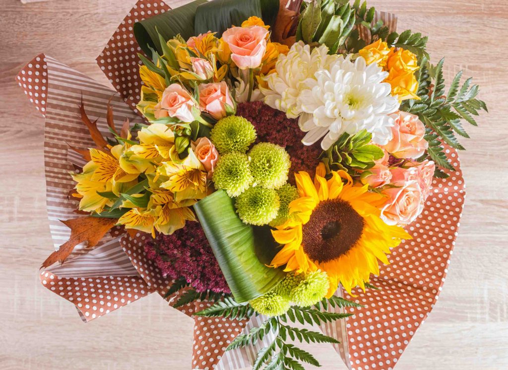 bouquet of alstroemeria, sunflower, roses, chrysanthemum